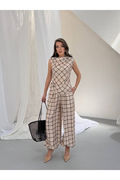 timagna Women's Bottom-Top Set Plaid Patterned Blouse Trousers Two-Piece Set