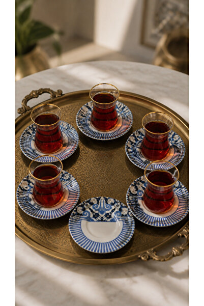 Tezyinat Wood طقم أطباق شاي من البورسلين أزور مكون من 6 قطع