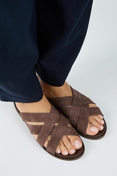 Manijero Romina Women's Genuine Leather Cross Knit Brown Slippers