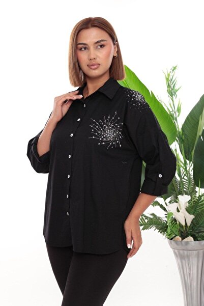 JERFİ Women's Plus Size Abstract Stone Printed Poplin Fabric Shirt