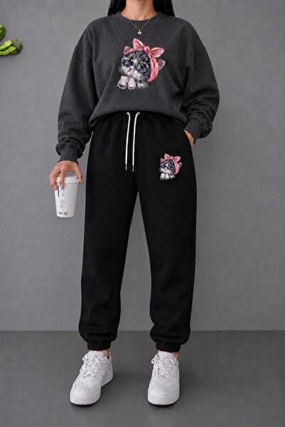 FAEL LİFE Unisex Wide Cut Zero Neck and Sweatpants Cat Print Set