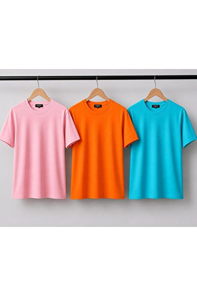 Kuraff Giyim تي شيرت قطني ذو ياقة دائرية من UNISEX BASIC مكون من 3 قطع بلون واحد