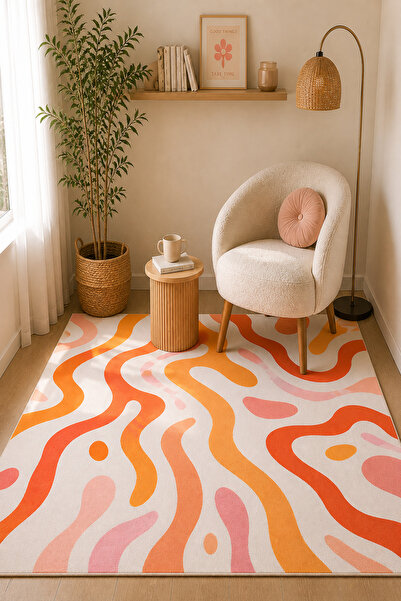 Pearlora Home Retro Dalga Desenli Kaymaz Taban Halı Dekoratif Salon ve Yolluk