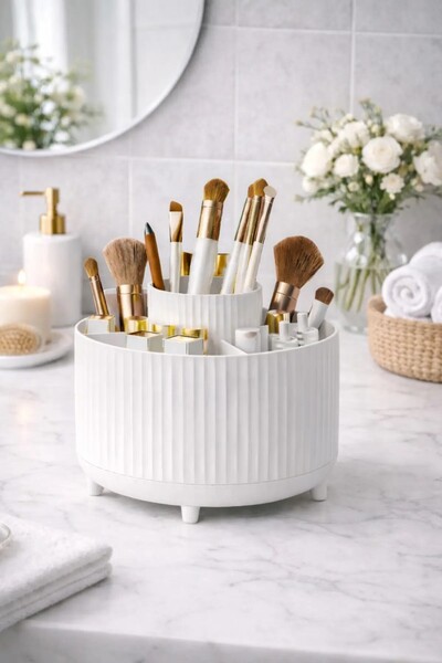 Galeriyo 360 Degree Rotatable 5 Compartment Makeup Brush Organizer White