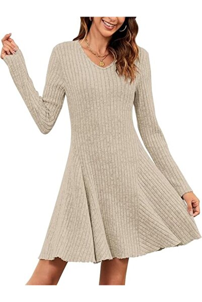 AUSELILY Women's Knitted Dress Lightweight Long Sleeve V Neck Elegant Autumn ...