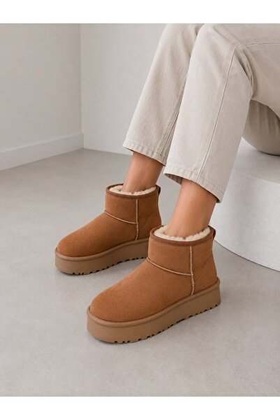 goodyer KADIN TABA/CAMEL SÜET İÇİ KÜRKLÜ KALIN TABAN MİNİ BİLEK BOY GÜNLÜK KI...