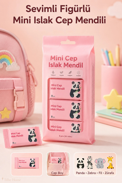 Tilbe Home Sevimli Figürlü Mini Islak Cep Mendili 8 Mini Paket Panda Zebra Fi...