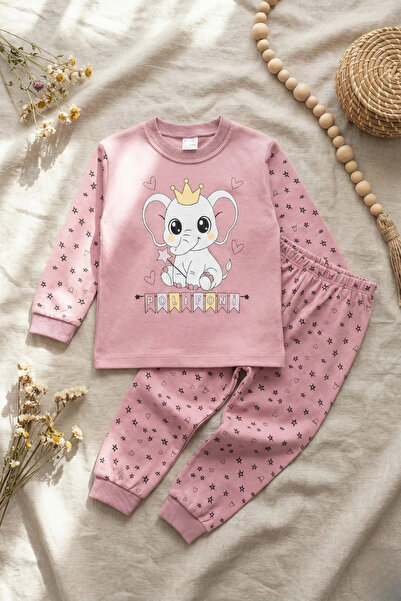 Babydonat Crown Elephant Patterned 100% Cotton Girls' Pajama Set