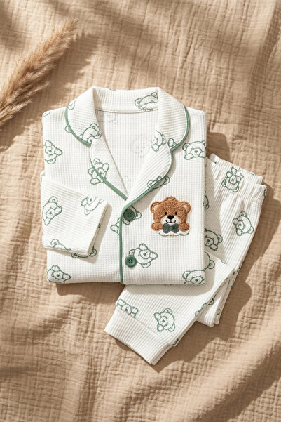 Babydonat Milo Bear Bebek ve Çocuk Fitilli Pijama Takımı - Yeşil Biyeli Ayıcık Baskılı Pamuklu Kaşkorse Takım