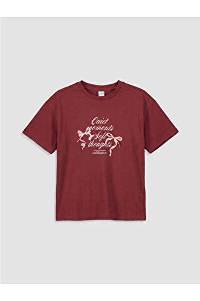 LC Waikiki New Season Burgundy Crew Neck Printed Girls' T-Shirt