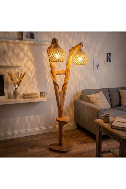 KOCOGLU WOODEN Doğal Tasarım İki Kollu Raflı Lambader - Özgün Masif Halatlı R...