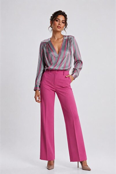 ikomteks Chain Detailed Double Breasted Collar Striped Blouse
