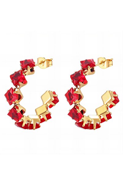 PRETTY LITTLE LADY RED ZIRCONIA EARRINGS, 18K GOLD PLATED STEEL