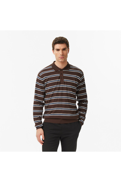 Nautica Erkek Kahverengi Regular Fit Uzun Kollu Çizgili Polo Yaka T-Shirt