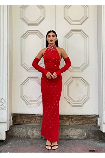 WoolnClyde Women's Halter Neckline Backless Fully Stone Embellished Long Even...