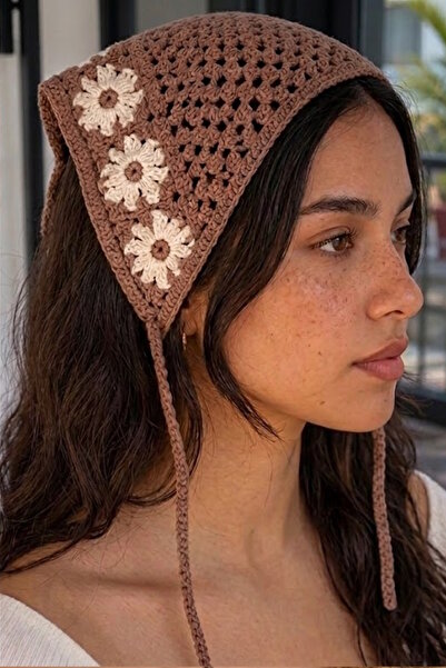 CAŞ DEKORASYON Brown Floral Motif Knitted Hair Bandana