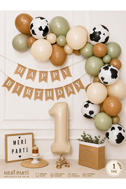 MERİ PARTİ Çiftlik Temalı 1 Yaş Doğum Günü Balon Zinciri Parti Seti – Bej Oka...