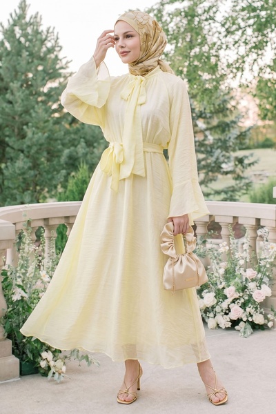 InStyle Wide Sleeve Yellow Dress with Scarf