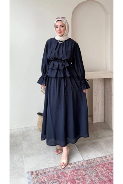 DEFNECE BUTİK Elastic Waist Skirt Suit - Navy Blue