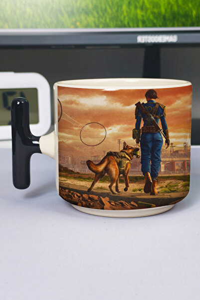 ZipZap كوب سيراميك فاخر مطبوع عليه Fallout (قطعة واحدة) بمقبض أسود خاص على شك...