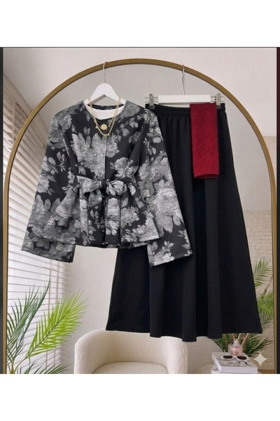 MODA VEDAT Set de damă cu jachetă și fustă cu imprimeu trandafiri -0600