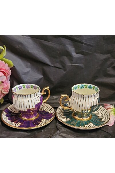 BY.RAYKA PORSELEN El Dekor Basamak Perviz Porcelain Hand-Painted 2-Cup Set
