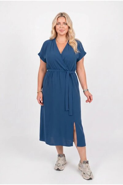 hazelin Women's Indigo Blue V-Neck Belted Ayrobin Fabric Plus Size Dress Hzl2...