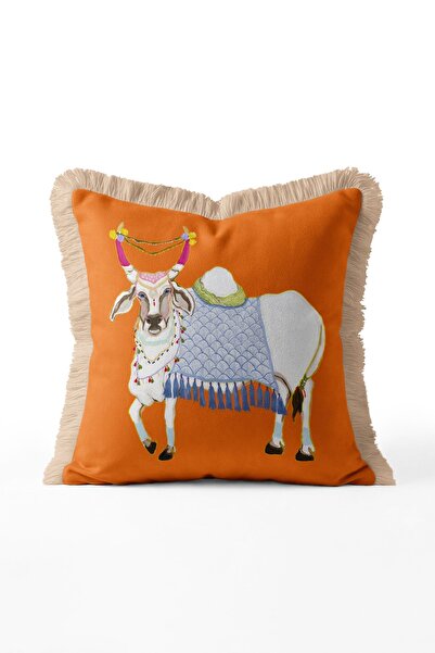 IdeCraft Fancy Cow Pattern Fringed Throw Pillow Cover - Cream Tassels Orange ...