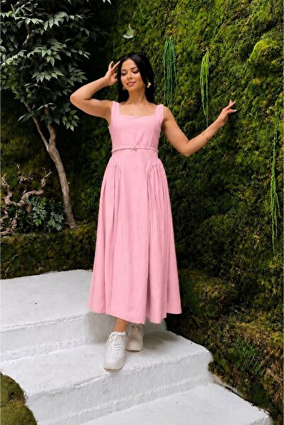 Moda Banuş Rochie roz cu curea din material textil, lungime midi - FORMĂ PERF...