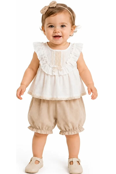 İrem Çocuk Giyim Baby Girl Ruffled Sleeves Lace Detailed Blouse with Shorts E...