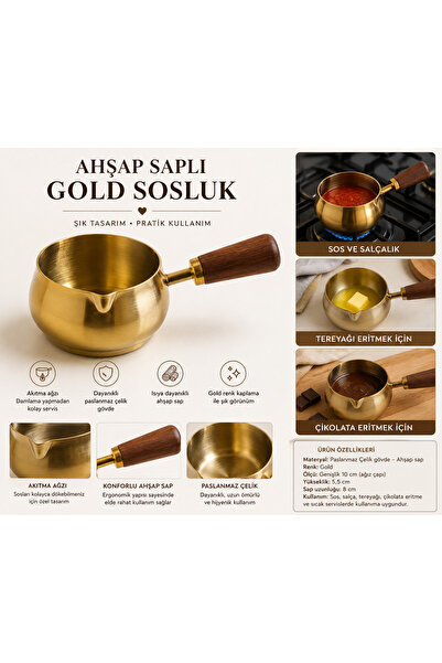 Ahşap Saplı Gold Sütlük ve Sosluk 180 ml Paslanmaz Çelik