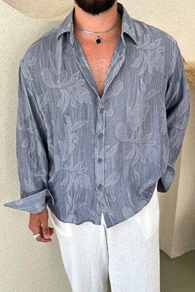 OUTFİT MAN Tril Oversize Self-Embroidered Shirt Indigo