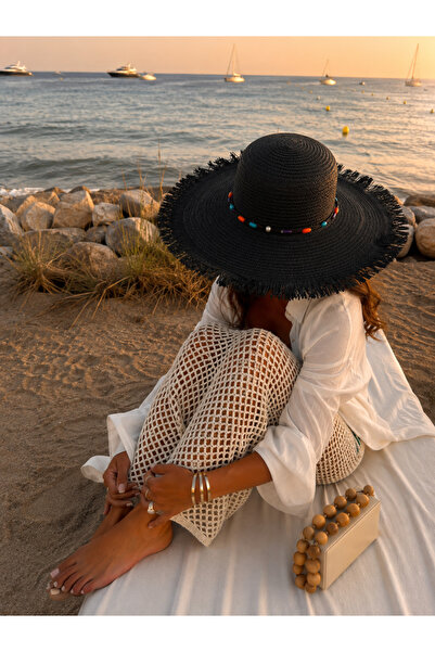 AGAPI Women's Black Summer Hat Wide Brim Straw Beach Hat with Bead Detail