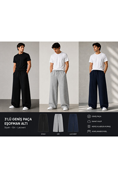 modlux Three (Pieces) Men's Black Gray Navy Blue Wide Leg Sweatpants - High W...