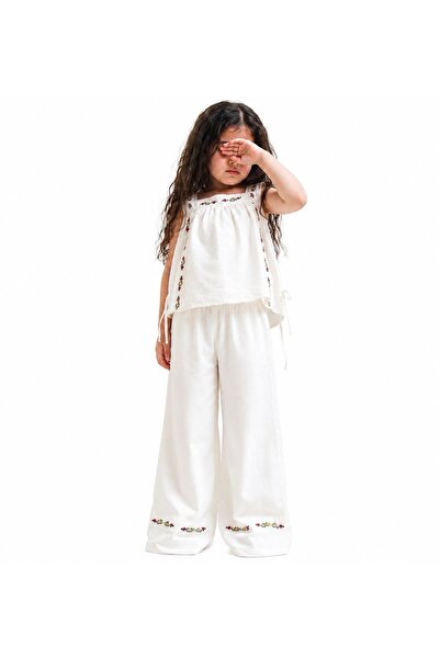 LunaSun Kids Kız Çocuk Nakış Detaylı Doğal Pamuklu Bluz Pantolon Takım Ekru