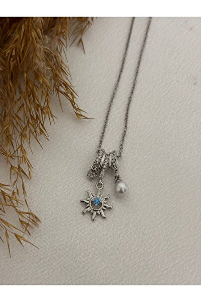 stainless steell Steel Necklace with Sun and Pearl Charms