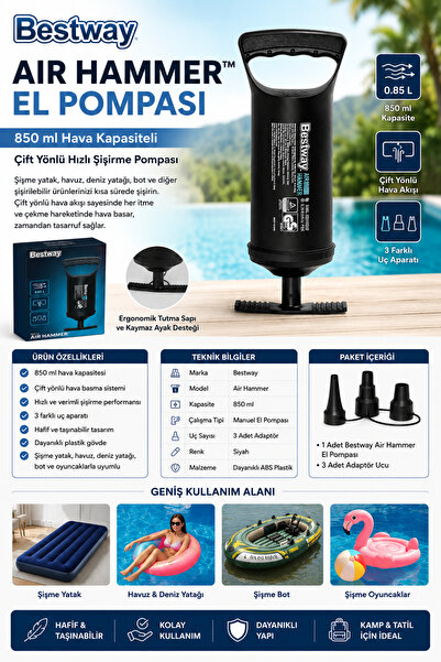 BESTWAY Air Hammer 850 ml El Pompası – Çift Yönlü Hızlı Şişirme Pompası 62002