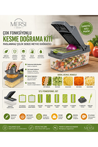 Mersi SHOP Çok Fonksiyonlu Kesme Doğrama Kiti Paslanmaz Çelik Sebze Meyve Doğ...