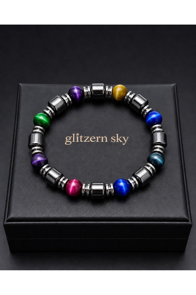 nss sky rock Colorful Tiger's Eye and Hematite Natural Stone Bracelet 8 mm Un...