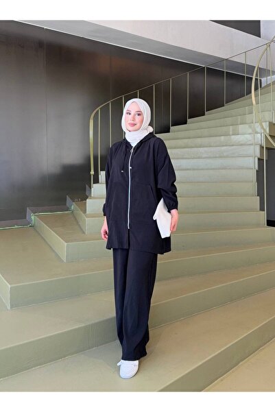 Afili butik طقم مكون من قطعتين بغطاء رأس وسحاب من قماش مودال بنسبة 100% - تصم...