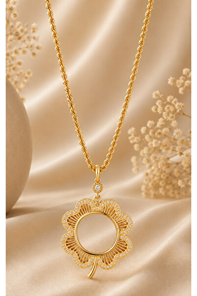 Vipfoni Zircon Stone Half Gold Pendant with Frame and Rope Chain 60 cm - M2