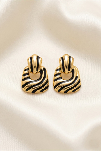 Pelin Aksesuar Black Enamel Wave Patterned Gold Color Geometric Vintage Steel...