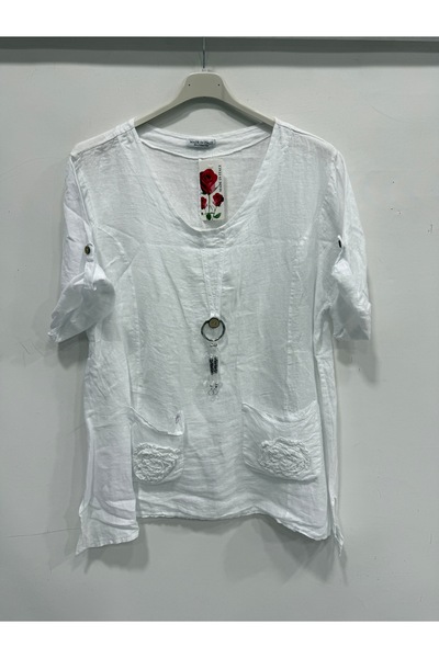 della moor Women's White Italian Foldable Short Sleeve Oversize Linen Tunic S...