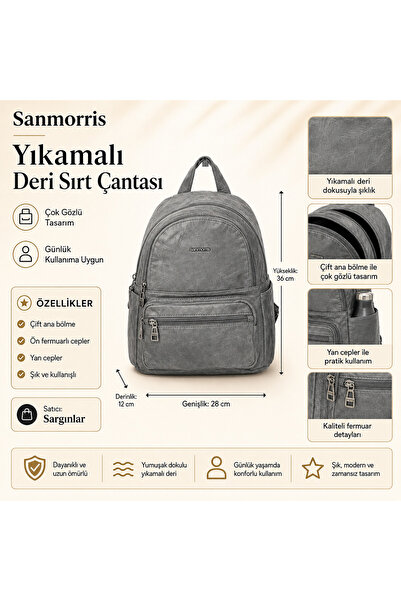 Sanmorris Yıkamalı Deri Dokulu Çok Gözlü Fermuarlı Kadın Seyahat ve Sırt Çantası