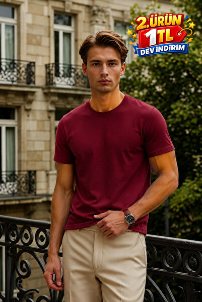 DAMGA JEANS Men's Relax Fit Short Sleeve 100% Cotton Claret Red T-Shirt
