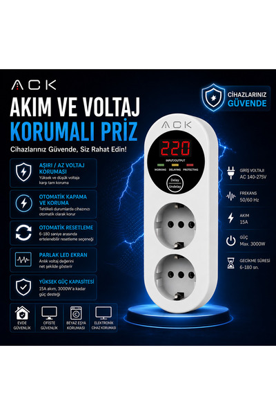 ACK Akım ve Voltaj Korumalı Priz | Çift Prizli | LED Ekranlı | 15 A |3000W Gü...