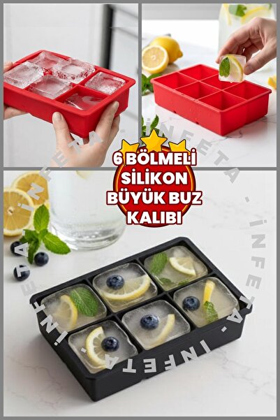 İnfeta 1 Adet 6'lı Kare Buz Kalıbı-Dev Buz Küpleri 6 Bölmeli Buzluk Kare Buz ...