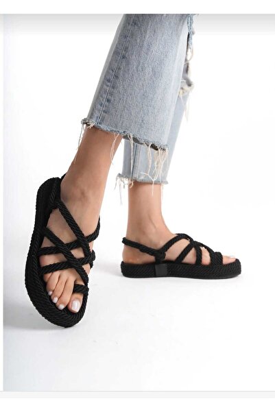 BARAK SHOES Kadın Siyah Halat İp Sandalet Hasır Örme Tabanlı Yazlık Sandalet