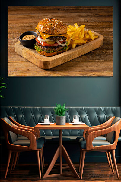 Şehzat Yatay Tekli Kanvas Duvar Tablosu Modern Kafe Restoran Hamburger Patate...
