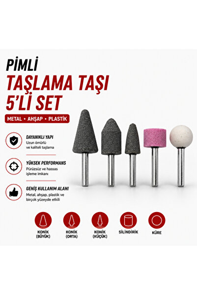 NO BRAND Pimli Taşlama Taşı 5'li Set Mini Zımpara ve Taşlama Uçları Gravür Ma...